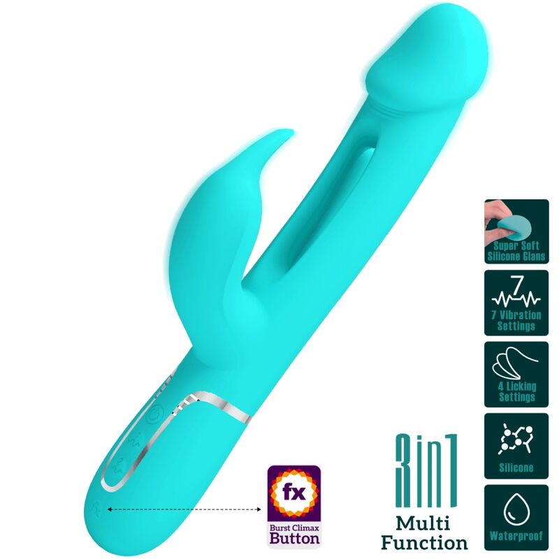PRETTY LOVE - VIBRATORE KAMPAS MULTIFUNZIONE 3 IN 1 VIBRATORE CON LINGUA E RABBIT VERDE ACQUA