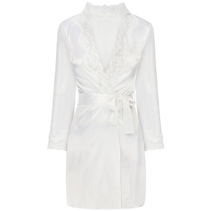 VESTAGLIA + CHEMISE + PANTY ECRÙ, RASO LUCIDO CON PIZZO, ELEGANZA SENSUALE