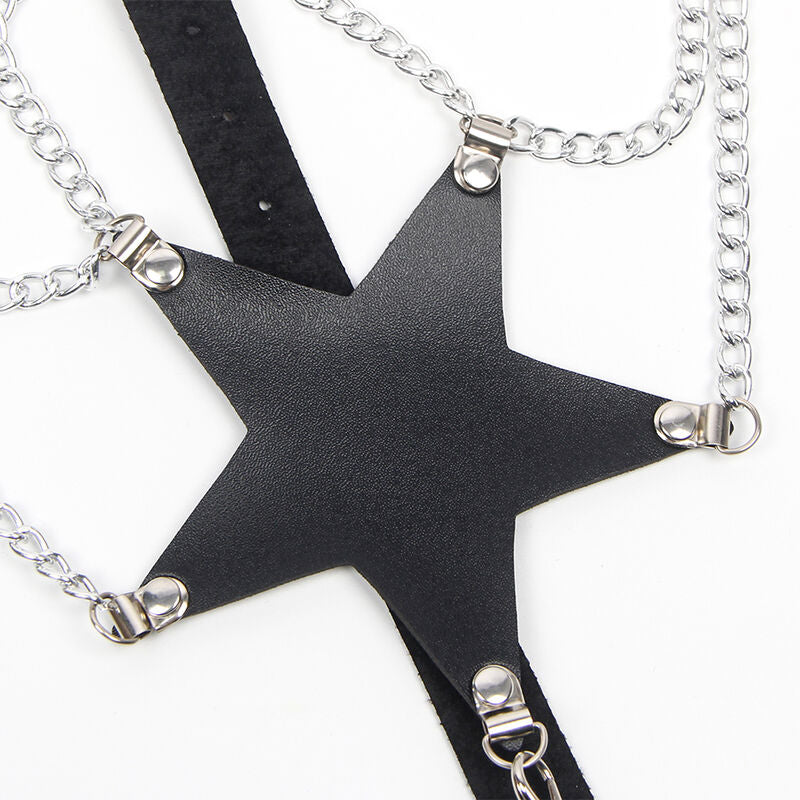HARNESS FULL BODY CON CATENA A STELLA, PELLE NERA, TAGLIA UNICA