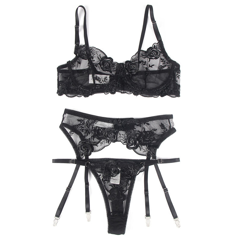 SET REGGISENO + PERIZOMA + REGGICALZE, PIZZO NERO, ELEGANZA SEDUTTIVA