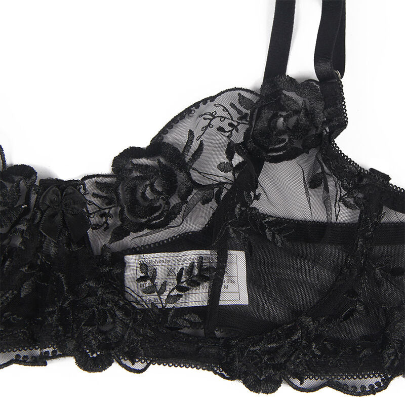 SET REGGISENO + PERIZOMA + REGGICALZE, PIZZO NERO, ELEGANZA SEDUTTIVA