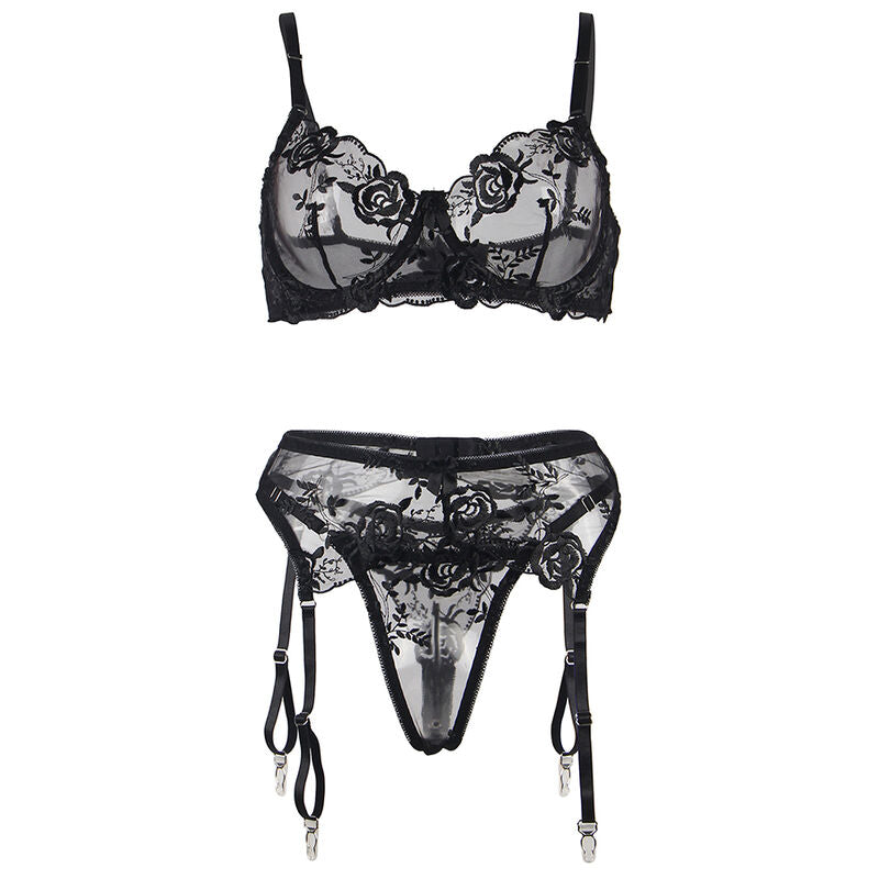 SET REGGISENO + PERIZOMA + REGGICALZE, PIZZO NERO, ELEGANZA SEDUTTIVA