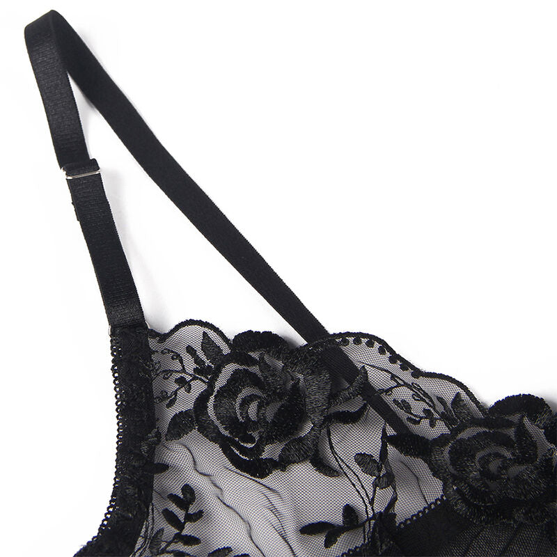SET REGGISENO + PERIZOMA + REGGICALZE, PIZZO NERO, ELEGANZA SEDUTTIVA
