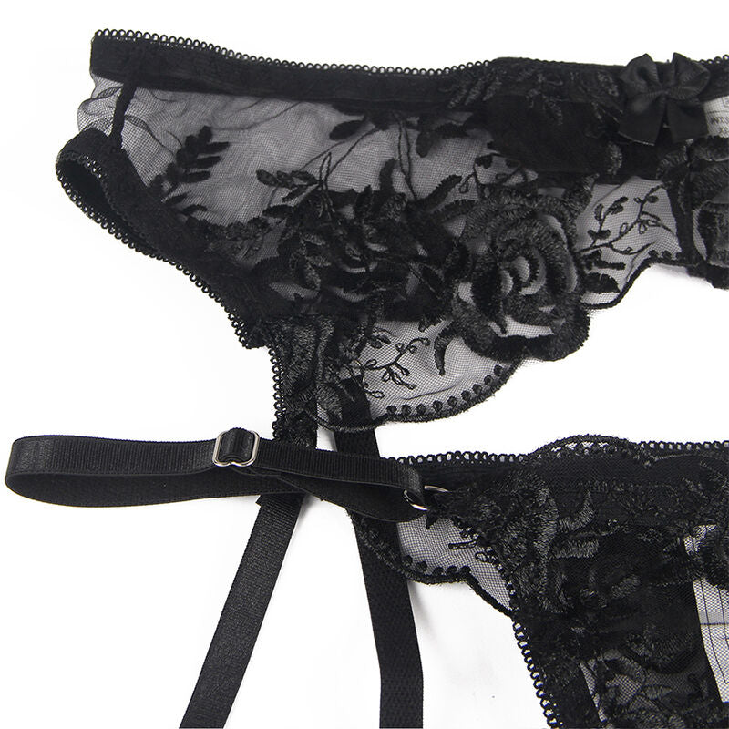 SET REGGISENO + PERIZOMA + REGGICALZE, PIZZO NERO, ELEGANZA SEDUTTIVA
