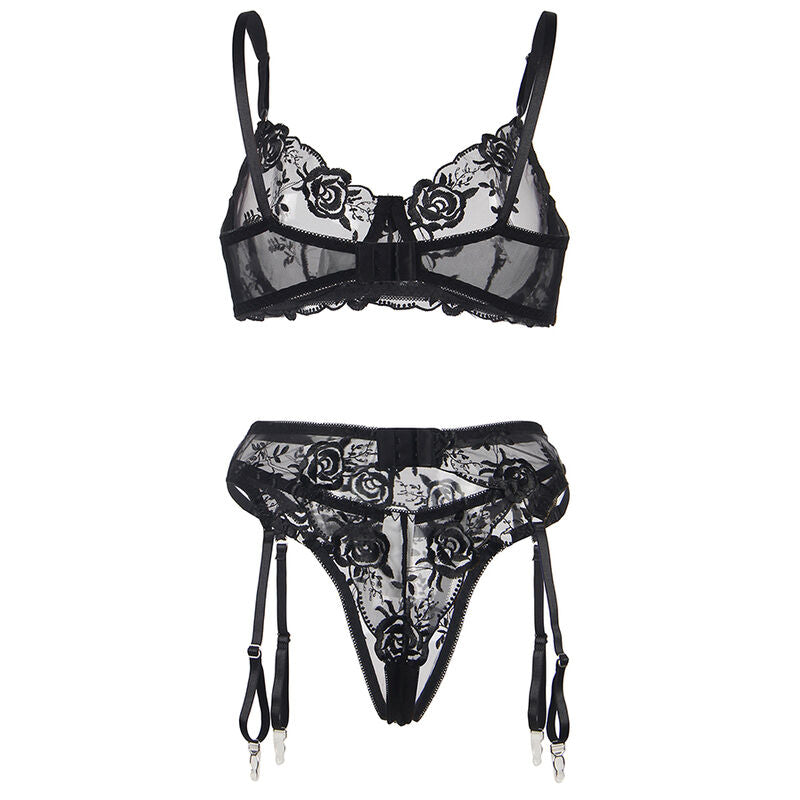 SET REGGISENO + PERIZOMA + REGGICALZE, PIZZO NERO, ELEGANZA SEDUTTIVA