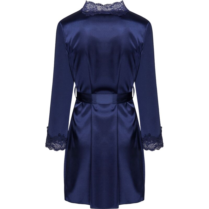 VESTAGLIA + CHEMISE + PANTY, RASO BLU NAVY LUSSUOSO, PIZZO ELEGANTE
