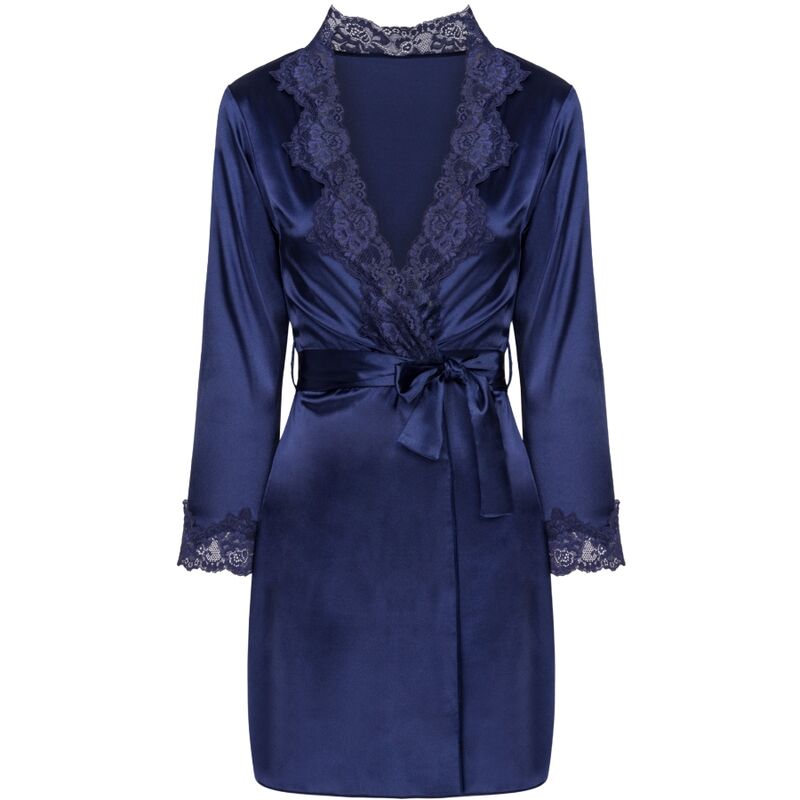 VESTAGLIA + CHEMISE + PANTY, RASO BLU NAVY LUSSUOSO, PIZZO ELEGANTE