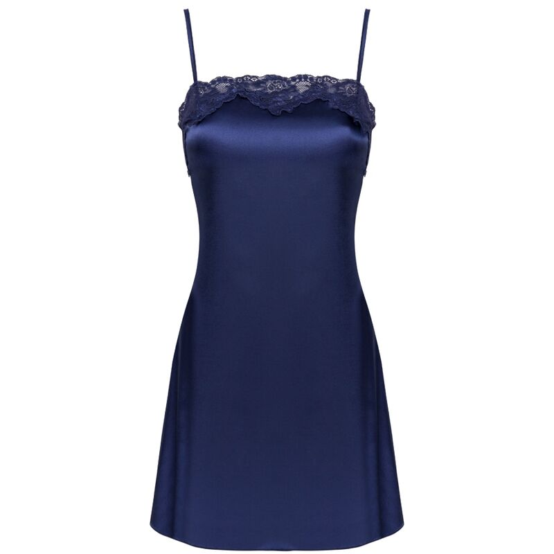 VESTAGLIA + CHEMISE + PANTY, RASO BLU NAVY LUSSUOSO, PIZZO ELEGANTE
