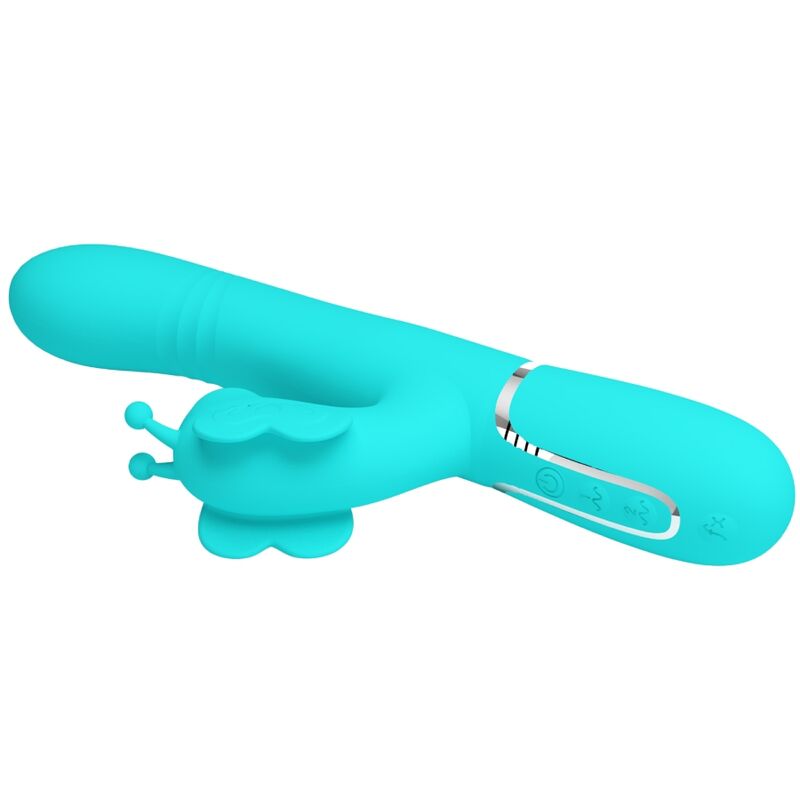 PRETTY LOVE - VIBRATORE RIDGELY CON RABBIT MULTIFUNZIONE 4 IN 1 FARFALLA VERDE ACQUA