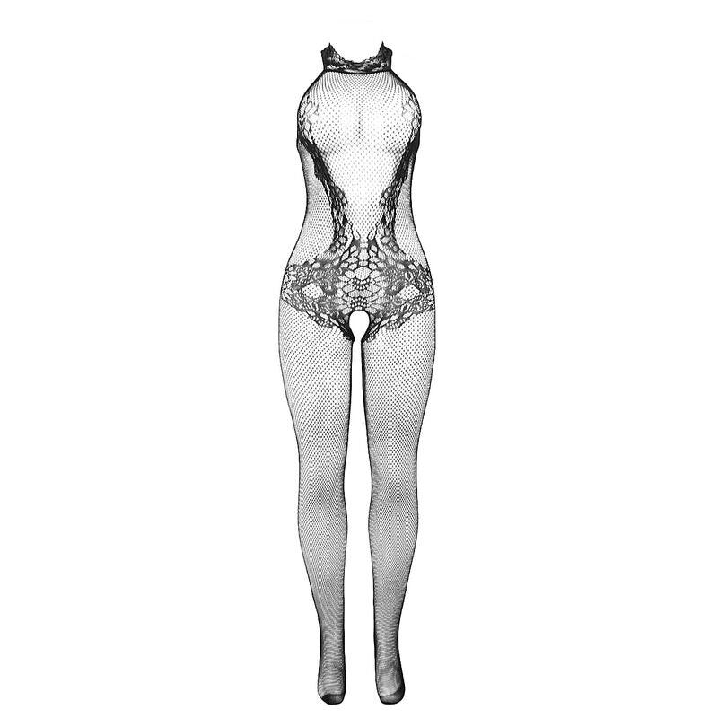 BODYSTOCKING RETE E PIZZO, COLLO ALTO, CROTCHLESS NERO