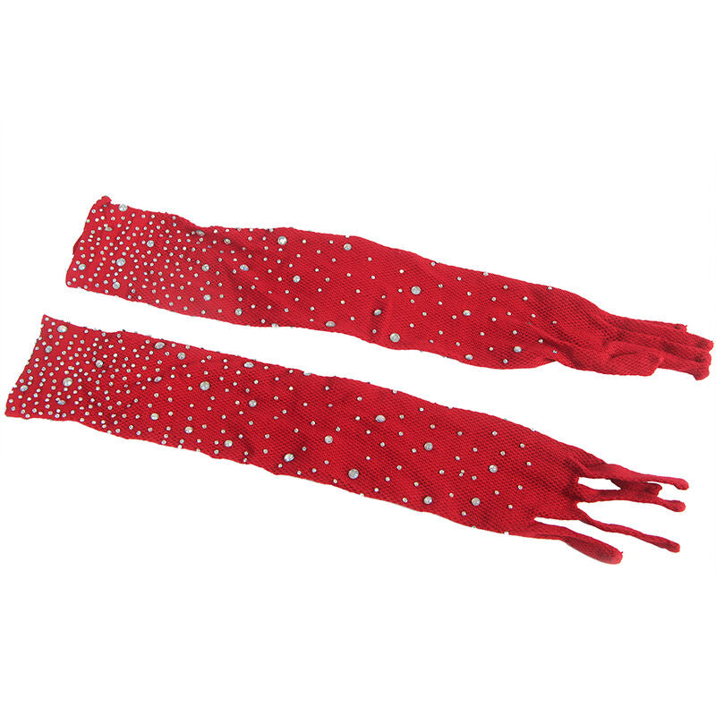 BODYSTOCKING RETE CON GUANTI, STRASS ROSSO, DESIGN SOFISTICATO