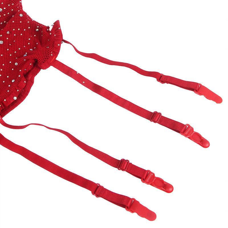 BODYSTOCKING RETE CON GUANTI, STRASS ROSSO, DESIGN SOFISTICATO
