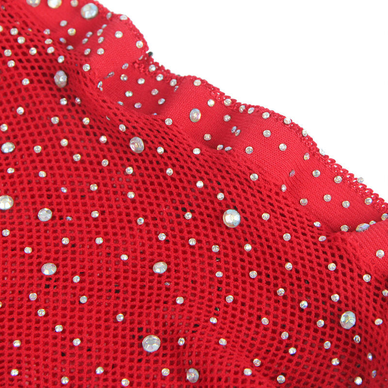 BODYSTOCKING RETE CON GUANTI, STRASS ROSSO, DESIGN SOFISTICATO