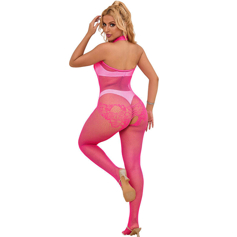 SUBBLIME - BODYSTOCKING A RETE E PIZZO CROTCHLESS COLLO ALTO ROSA T/U 952389