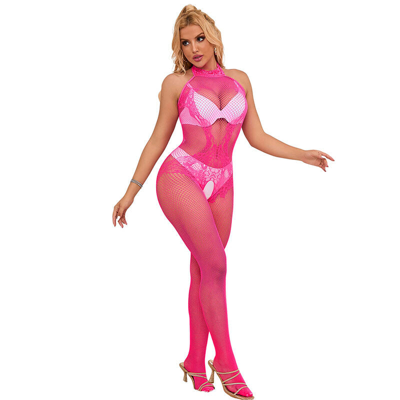 SUBBLIME - BODYSTOCKING A RETE E PIZZO CROTCHLESS COLLO ALTO ROSA T/U 952389
