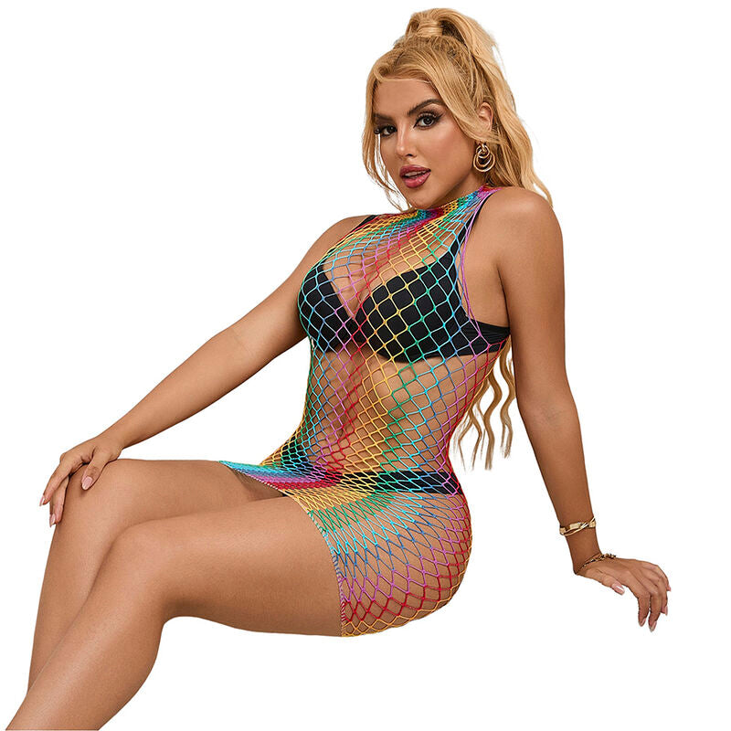 ABITO A RETE ARCOBALENO SMANICATO, COLLO ALTO, DESIGN AUDACE E SENSUALE