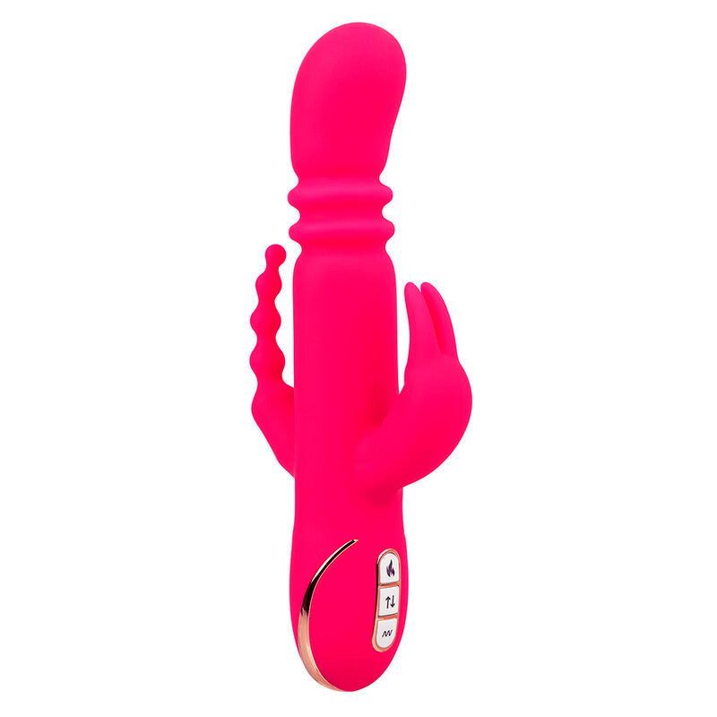 VIBRATORE RISCALDANTE CON STIMOLATORE CLITORIDEO E ANALE, MOVIMENTO DI SPINTA, RICARICABILE USB