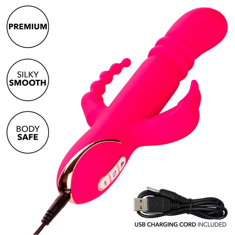 VIBRATORE RISCALDANTE CON STIMOLATORE CLITORIDEO E ANALE, MOVIMENTO DI SPINTA, RICARICABILE USB