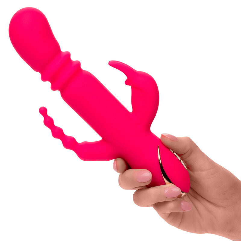 VIBRATORE RISCALDANTE CON STIMOLATORE CLITORIDEO E ANALE, MOVIMENTO DI SPINTA, RICARICABILE USB