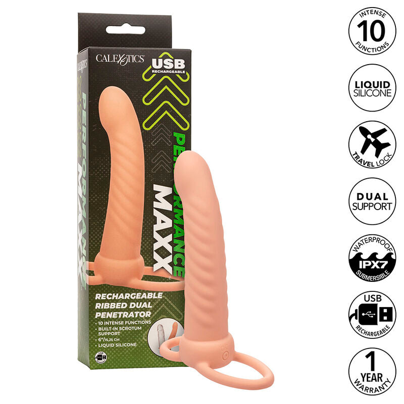 CALEXOTICS - MAXX RIBBED DOPPIA PROLUNGA 10 VIBRAZIONI NUDE