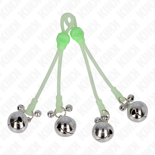 KINK - MORSETTI PER CAPEZZOLI REGOLABILI  LUMINOSI A TESCHIO CON CAMPANELLI COLOR VERDE
