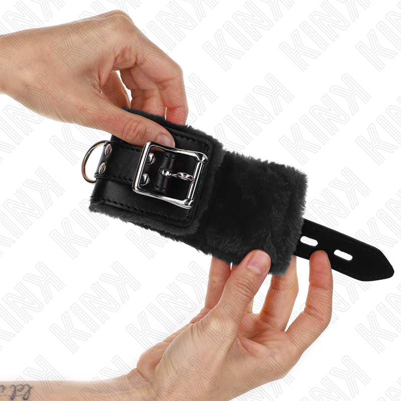 KINK - MANETTE RIVESTITE IN PELLICCIA NERI CON CINTURA NERA REGOLABILE 17-29 CM X 6 CM