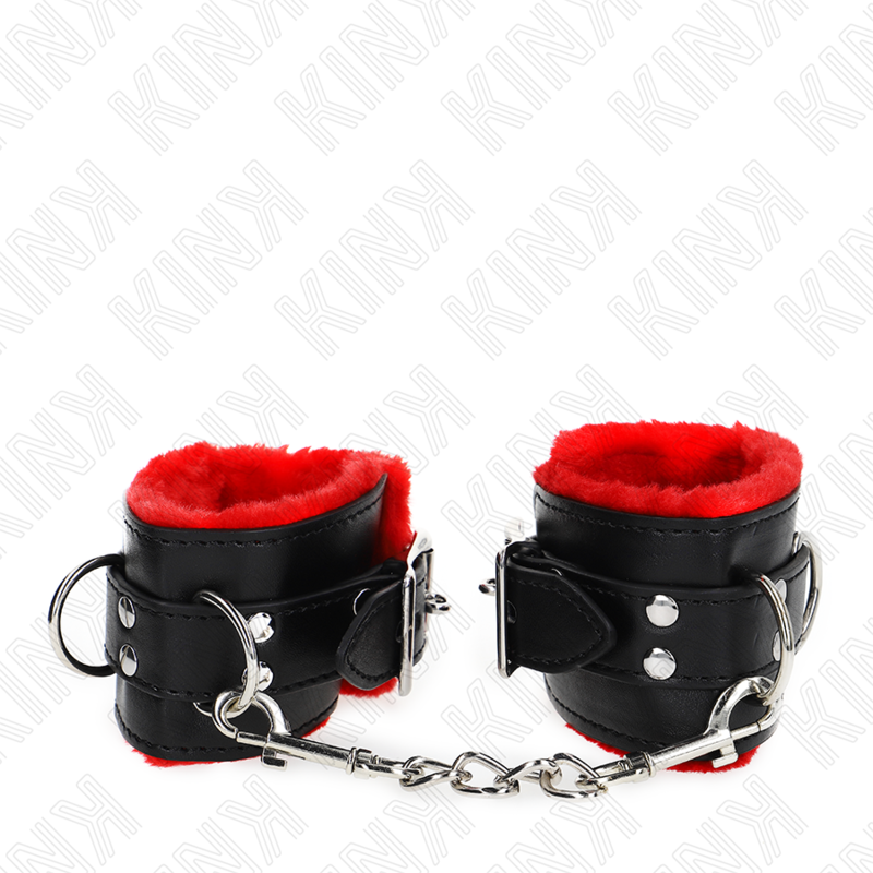 KINK - MANETTE RIVESTITE IN PELLICCIA CON FORI QUADRATI CINTURA ROSSA E NERA REGOLABILE 17-29 CM X 6 CM