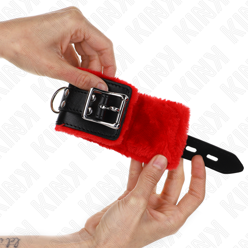 KINK - MANETTE RIVESTITE IN PELLICCIA CON FORI QUADRATI CINTURA ROSSA E NERA REGOLABILE 17-29 CM X 6 CM