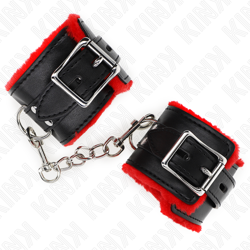 KINK - MANETTE RIVESTITE IN PELLICCIA CON FORI QUADRATI CINTURA ROSSA E NERA REGOLABILE 17-29 CM X 6 CM