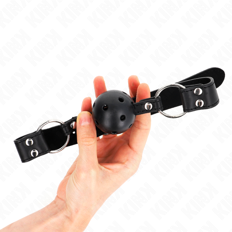 KINK - BALL GAG CON SFERA FORATA 4 CM NERA CON DOPPIO RIVETTO NERO 62,5 x 2,5 CM REGOLABILE 42-58 CM