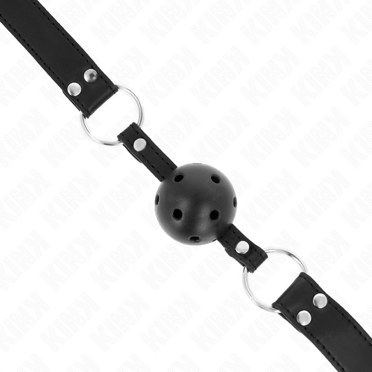 KINK - BALL GAG CON SFERA FORATA 4 CM NERA CON DOPPIO RIVETTO NERO 62,5 x 2,5 CM REGOLABILE 42-58 CM