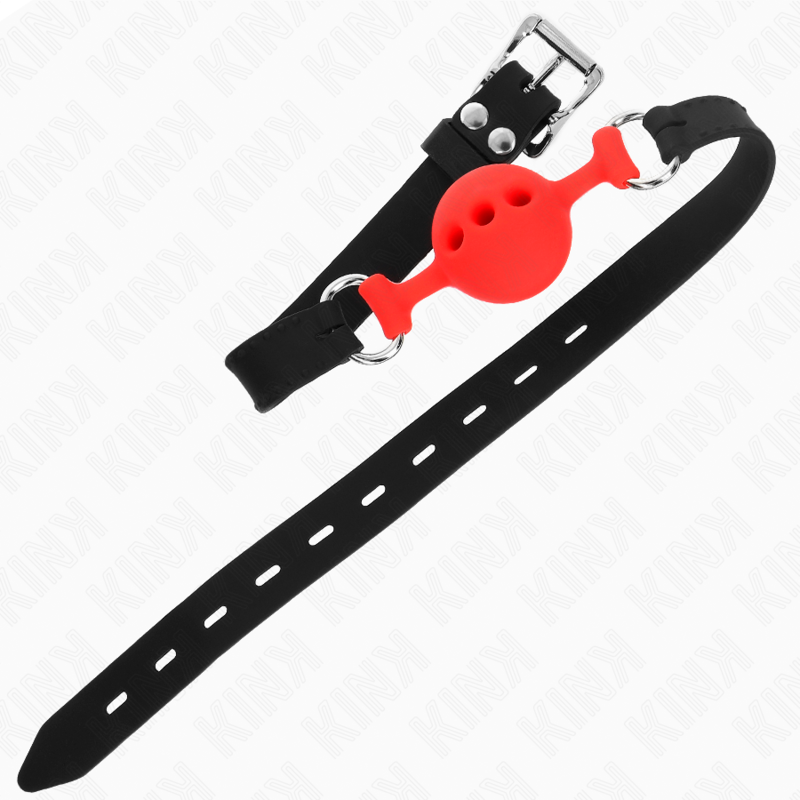 KINK - BALL GAG IN SILICONE  55 x 2 CM CON SFERA ROSSA DA 4 CM TAGLIA S NERO REGOLABILE 35-51 CM