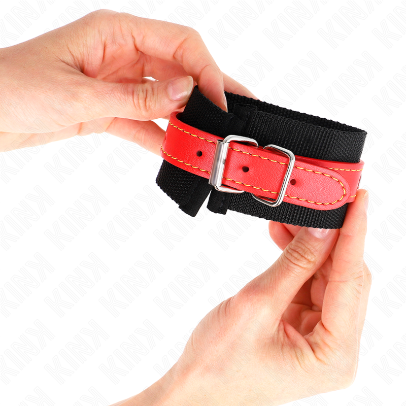 KINK - MANETTE IN NYLON NERE CON SIMILPELLE ROSSA REGOLABILI 19-24 CM X 5,5 CM