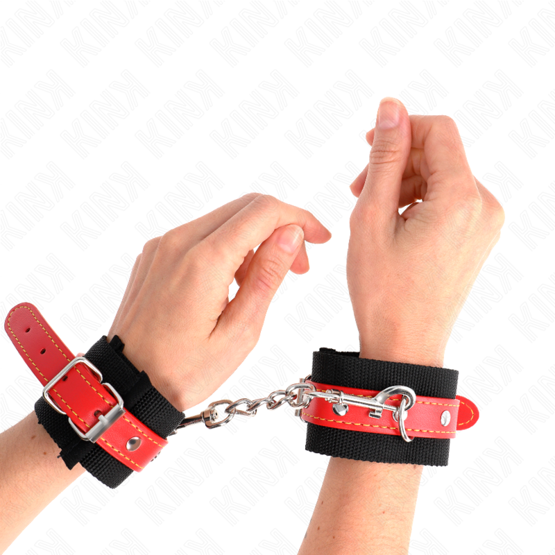 KINK - MANETTE IN NYLON NERE CON SIMILPELLE ROSSA REGOLABILI 19-24 CM X 5,5 CM