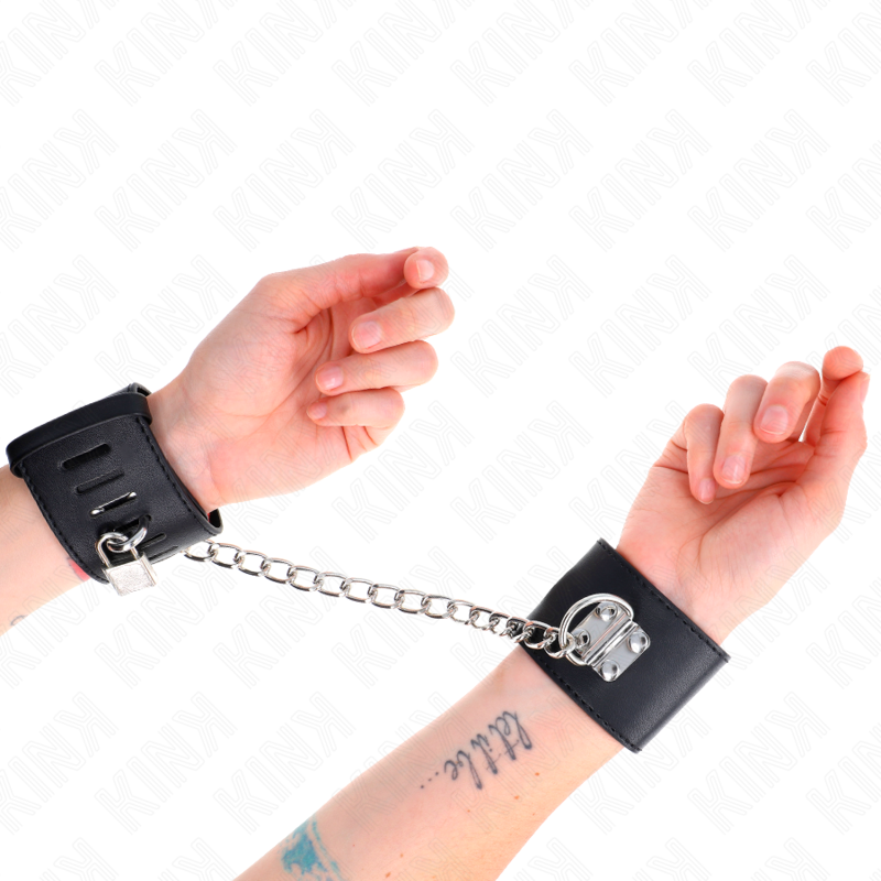 KINK - CINTURINI FISSI PER POLSI CON CATENA 30 CM E CHIUSURA CON LUCCHETTO NERO REGOLABILE 16-23 CM X 5,5 CM