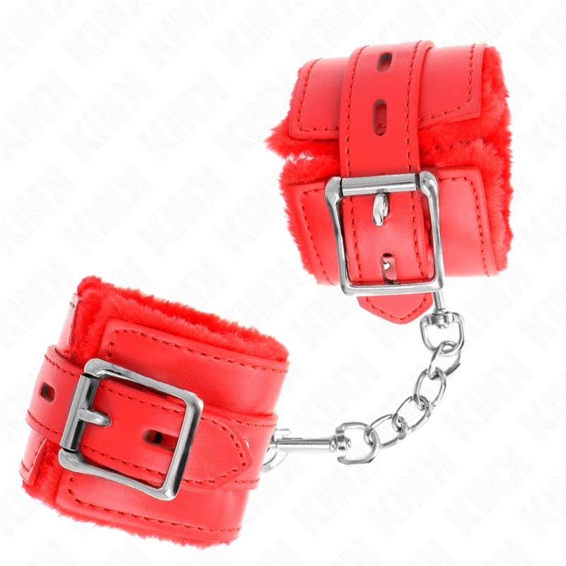 KINK - MANETTE RIVESTITE IN PELLICCIA CON FORI QUADRATI ROSSI E CINTURA ROSSA REGOLABILI 17-29 CM X 6 CM