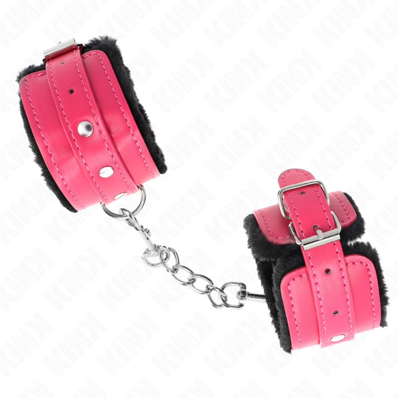 KINK - MANETTE RIVESTITE IN PELLICCIA NERI CON CINTURA ROSA LAMPONE REGOLABILE 17-29 CM X 6 CM