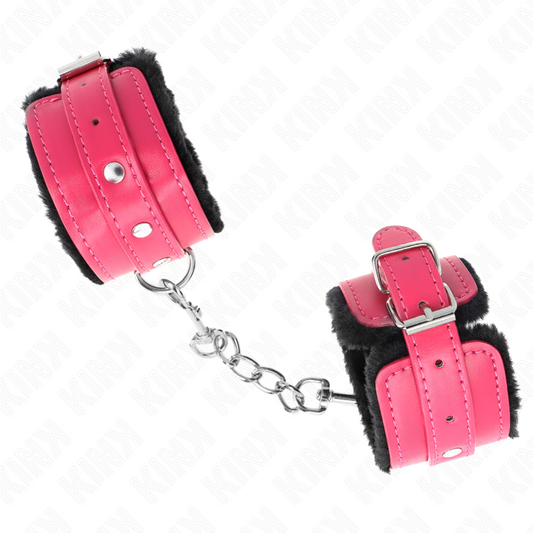 KINK - MANETTE RIVESTITE IN PELLICCIA NERI CON CINTURA ROSA LAMPONE REGOLABILE 17-29 CM X 6 CM