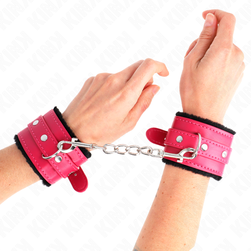 KINK - MANETTE RIVESTITE IN PELLICCIA NERI CON CINTURA ROSA LAMPONE REGOLABILE 17-29 CM X 6 CM