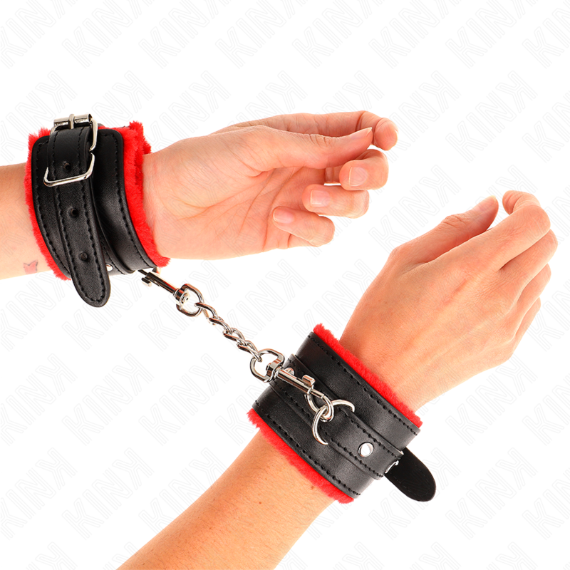 KINK - MANETTE RIVESTITE IN PELLICCIA ROSSI CON CINTURA NERA REGOLABILI 17-29 CM X 6 CM