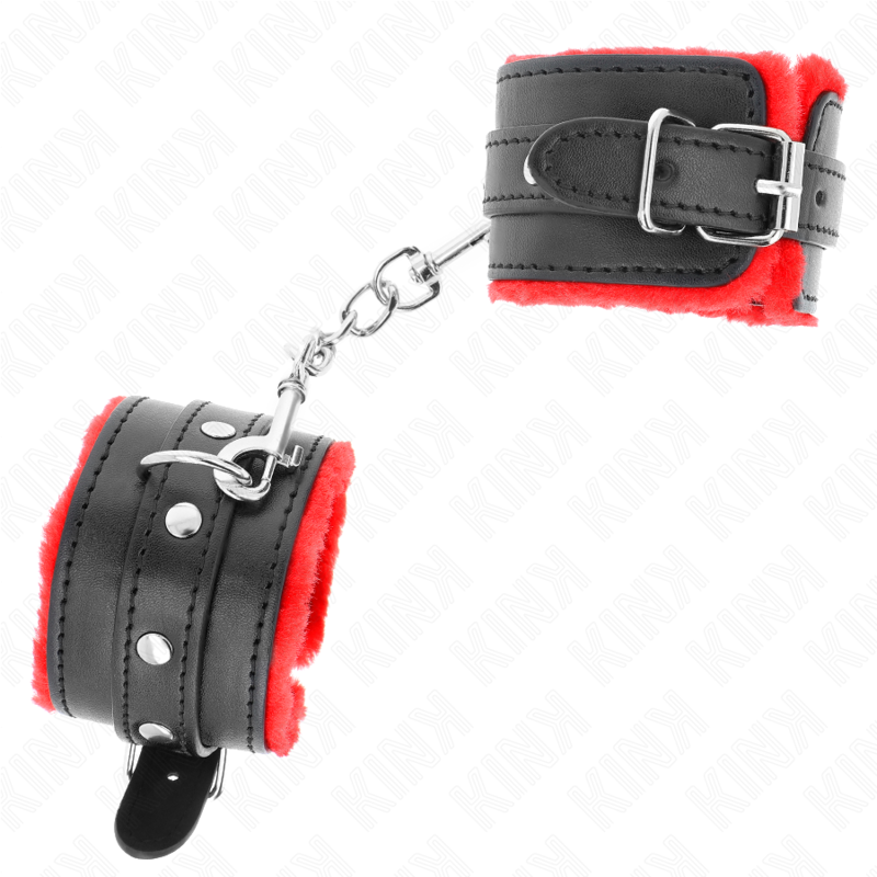 KINK - MANETTE RIVESTITE IN PELLICCIA ROSSI CON CINTURA NERA REGOLABILI 17-29 CM X 6 CM