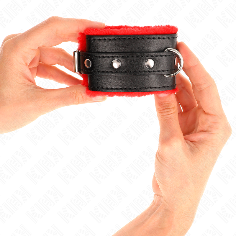 KINK - MANETTE RIVESTITE IN PELLICCIA ROSSI CON CINTURA NERA REGOLABILI 17-29 CM X 6 CM
