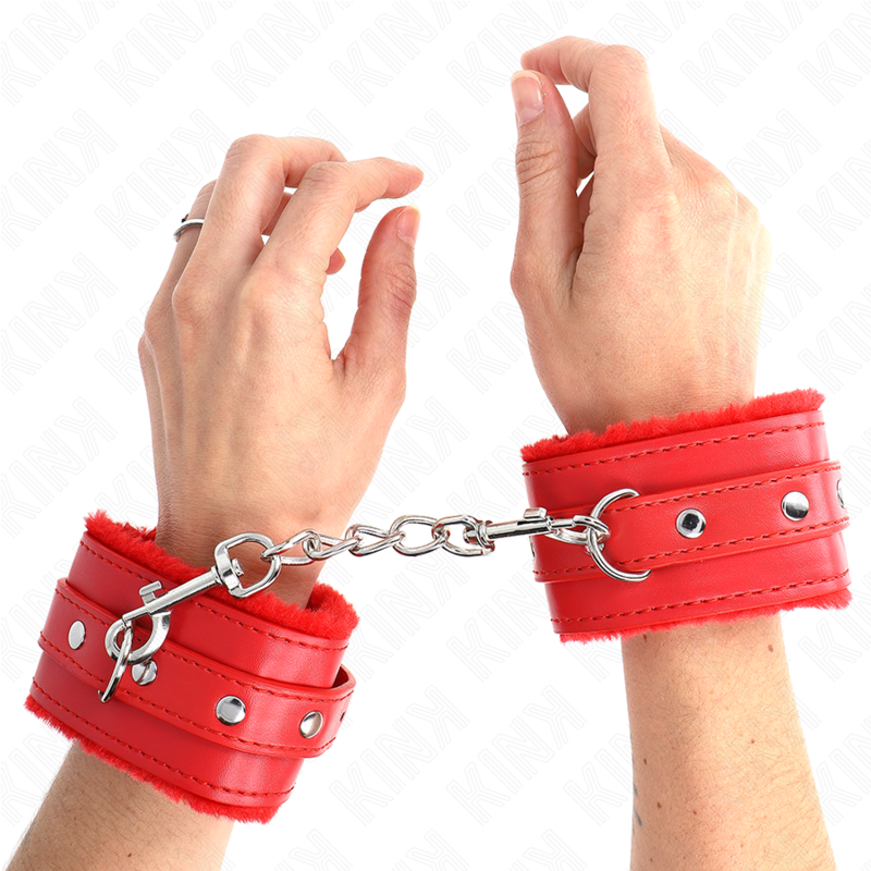 KINK - MANETTE RIVESTITE IN PELLICCIA ROSSA CON CINTURA ROSSA REGOLABILI 17-29 CM X 6 CM