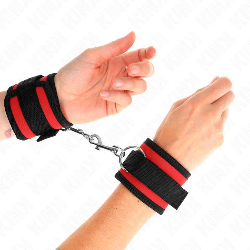 KINK - MANETTE IN NYLON CON CHIUSURA A GANCIO E ANELLO MODELLO ROSSO-NERO 2 REGOLABILI 18-35 CM X 6 CM
