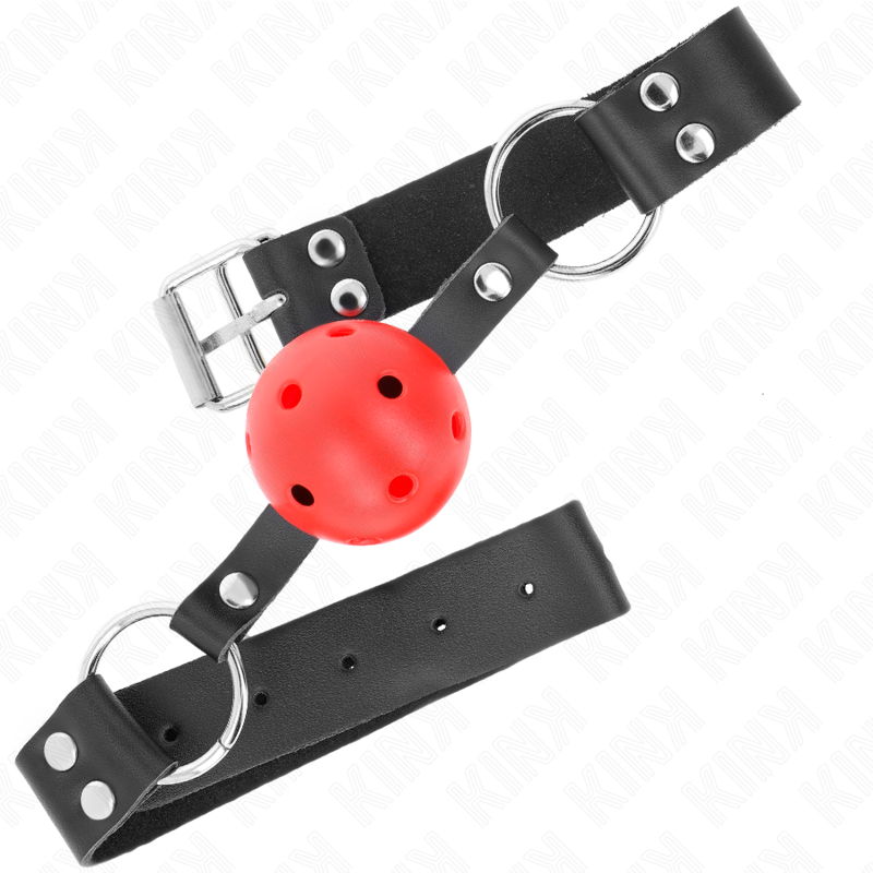 KINK - BALL GAG CON SFERA FORATA 4 CM NERA CON DOPPIO RIVETTO ROSSO 62,5 x 2,5 CM REGOLABILE 42-58 CM