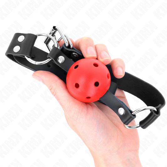 KINK - BALL GAG CON  SFERA FORATA 4 CM CON DOPPIO RIVETTO ROSSO 62,5 x 2,5 CM REGOLABILE 42-58 CM
