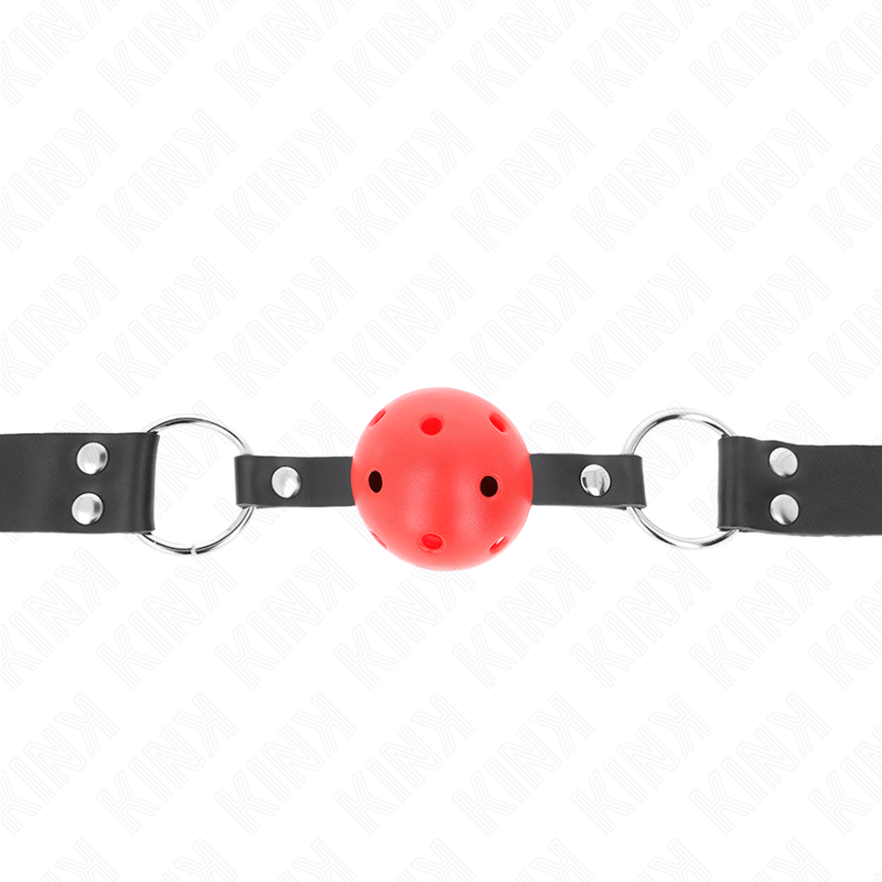 KINK - BALL GAG CON SFERA FORATA 4 CM NERA CON DOPPIO RIVETTO ROSSO 62,5 x 2,5 CM REGOLABILE 42-58 CM