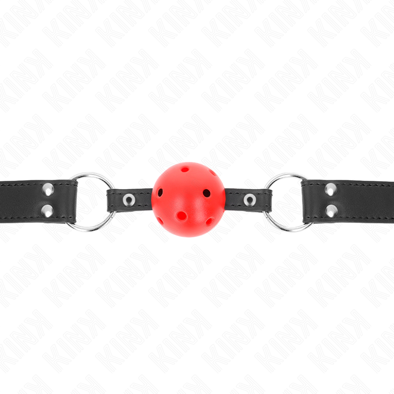 KINK - BALL GAG CON SFERA FORATA 4 CM ROSSA CON DOPPIO RIVETTO NERO 62,5 x 2,5 CM REGOLABILE 42-58 CM