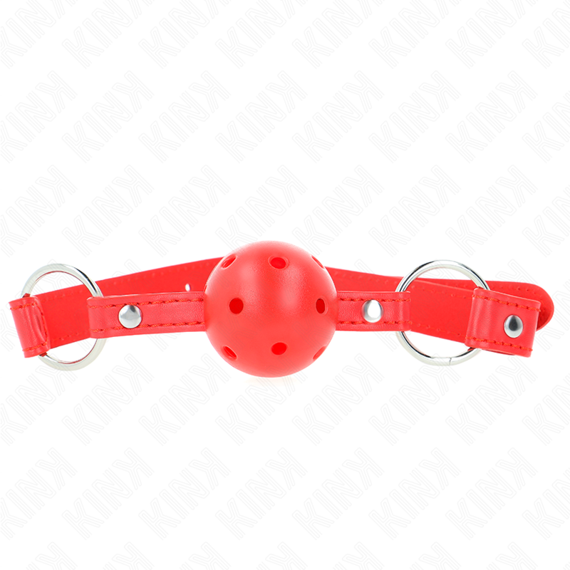 KINK - BALL GAG CON SFERA FORATA 4 CM ROSSA CON DOPPIO RIVETTO ROSSO 62,5 x 2,5 CM REGOLABILE 42-58 CM