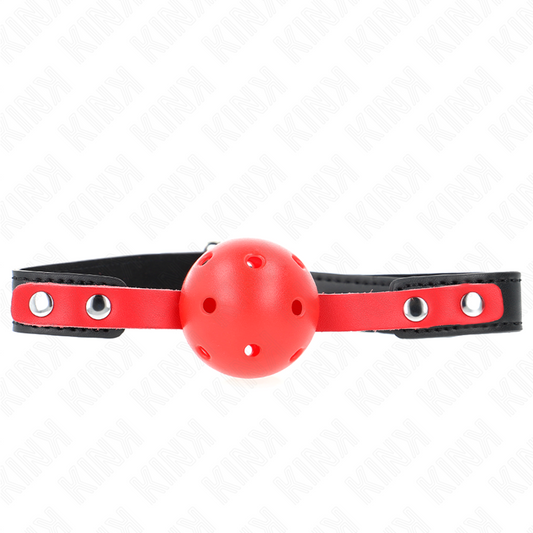 KINK - BALL GAG CON SFERA RIGIDA ROSSA FORATA 4 CM E  CINGHIA NERA 60 x 2 CM REGOLABILE 37-52 CM